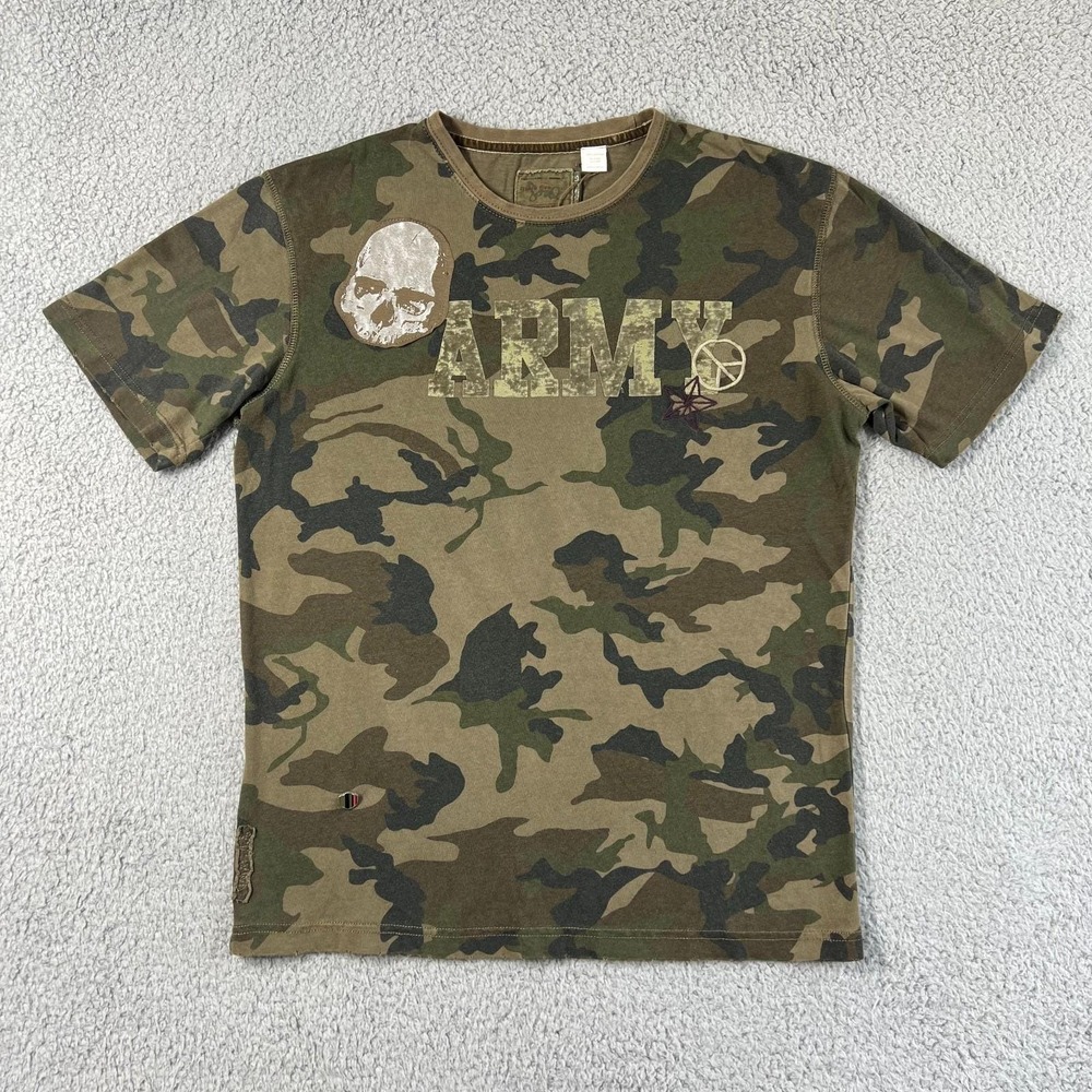 Triple Five Soul T-Shirt Men's Medium Green Camo Army Skull Graphic Y2K NWT